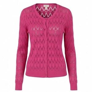 Loft Pink Pointelle Knit Cardigan Sweater Womens XS Crochet Lace Button Front
